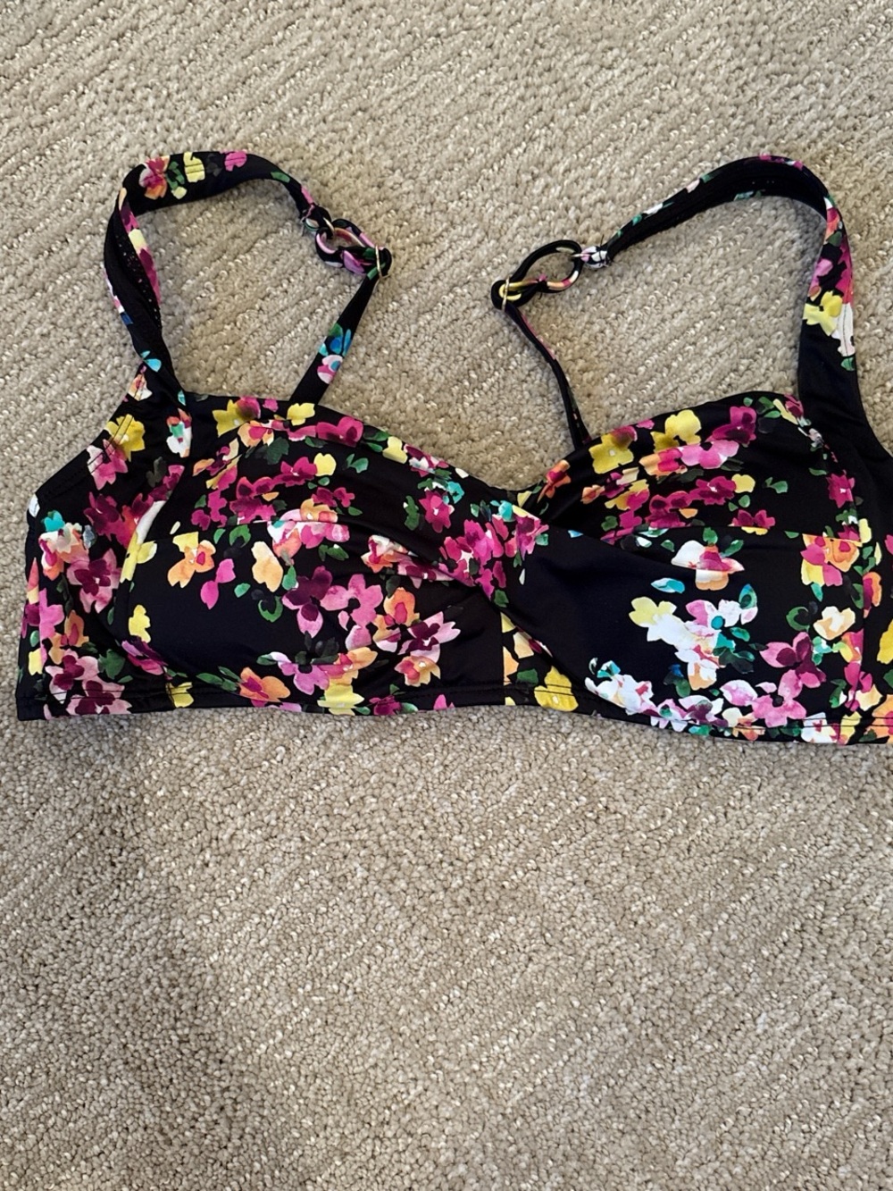 Lands' End Black Floral Bikini Top with Pink, Yellow & Green Accents